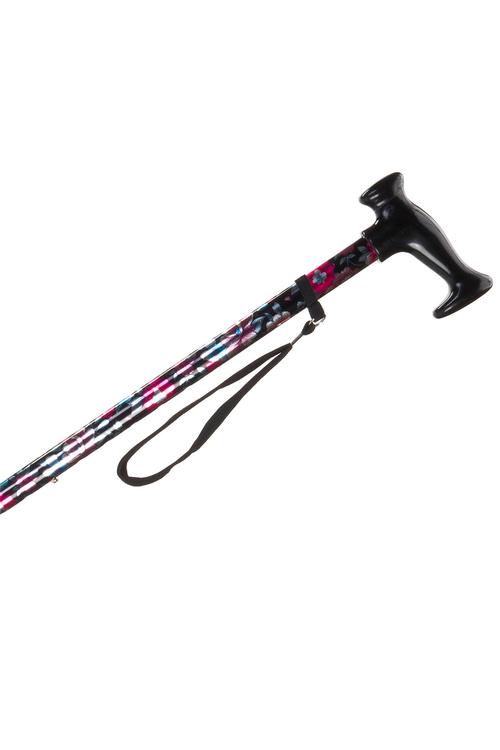 Straight Adjustable Cane With T Handle - Black Floral